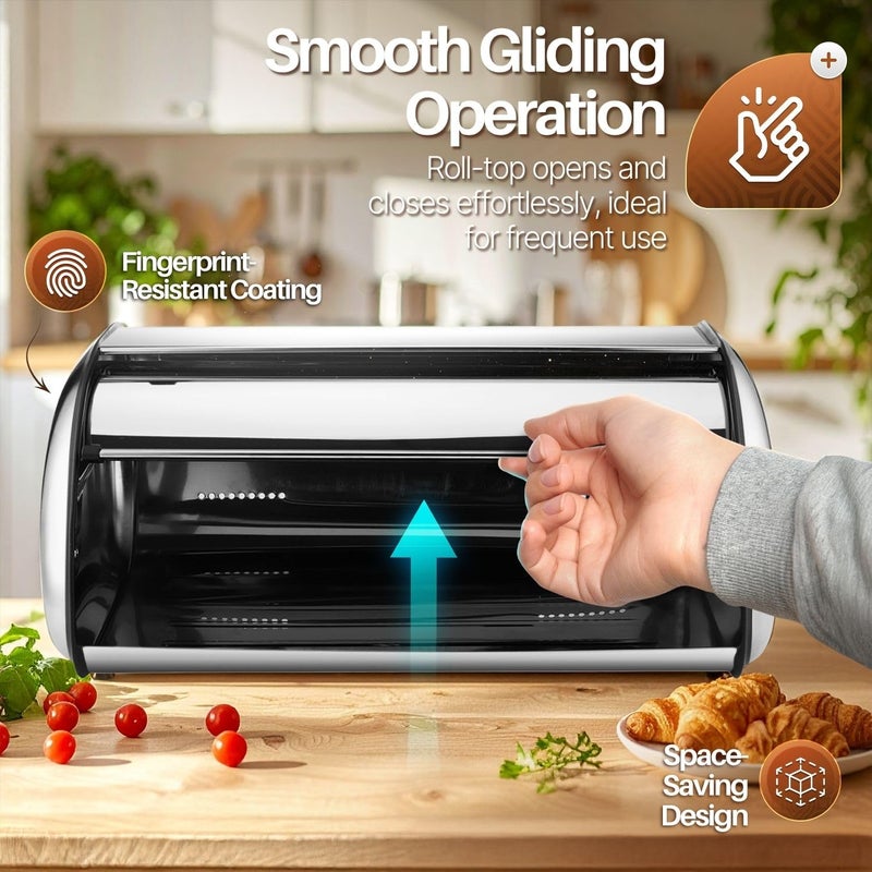 Flexzion Stainless Steel Bread Box For Kitchen Countertop (17 inch) Metal Roll Up Top Lid Storage Container Bin Keeper for Cake Buns Toasts Loaves Pastries Pancakes, Ideal for Restaurant Home Kitchen - Image 3